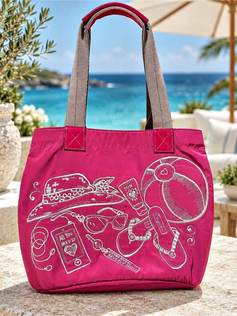 Brighton Fuchsia Pink Silver Embroidered Beach Vacation Tote Shoulder Bag